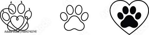 Pet paw print icon set with heart love symbol animal care veterinary logo vector illustration isolated