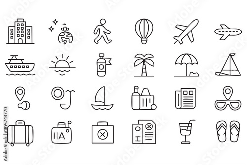 Travel destination and transport outline icon collection