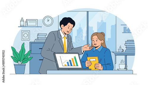 A male manager and a female employee discussing a bar graph on a laptop in a modern office setting.