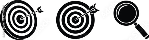 Target and magnifying glass icons, representing goal achievement, precision, and search analysis concept, black and white vector illustration