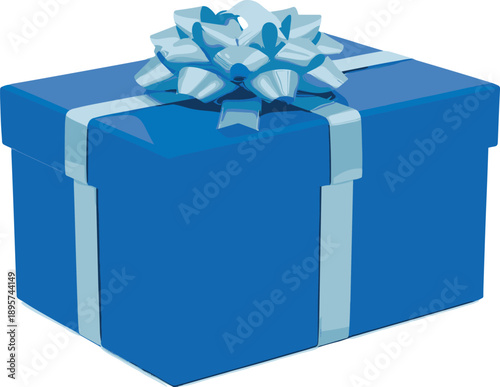 A blue gift box adorned with ribbon and bow on a plain surface viewed from above