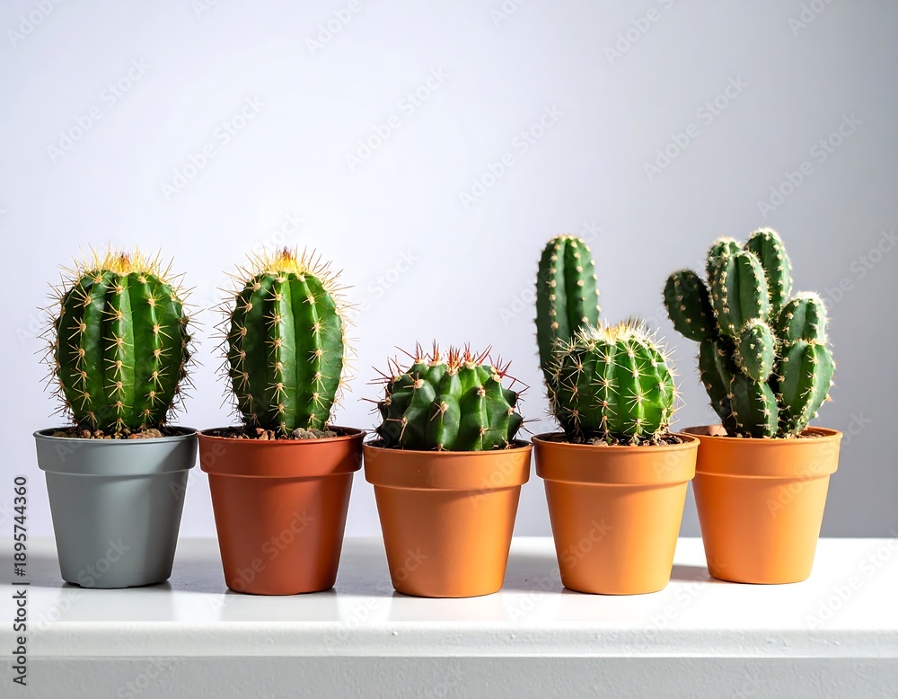 Fototapeta premium Five cacti in pots arranged on a white surface against a light gray background, with bright overhead lighting