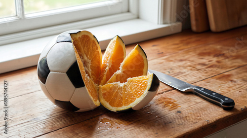 Soccer ball cut open revealing fresh orange slices on wooden table with knife creating creative sports and nutrition concept