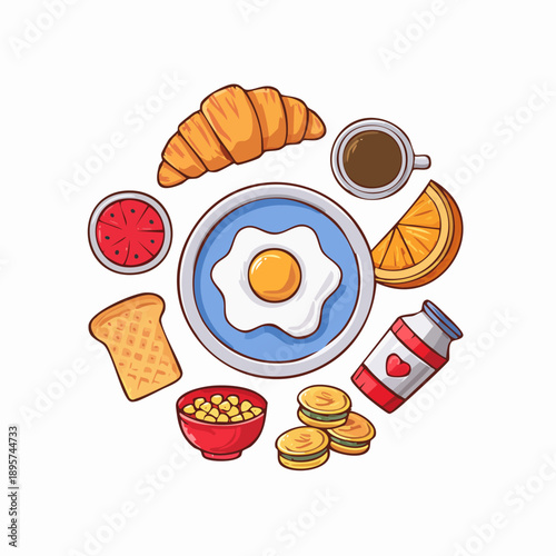 Breakfast Food Flat Lay Vector Illustration with Fried Egg, Bread, Croissant, Fruit, and Drinks