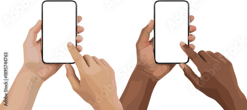 Diverse hands engaged with blank modern smartphones, perfect for showcasing app interfaces, digital content, and user experience mockups across various demographic representations