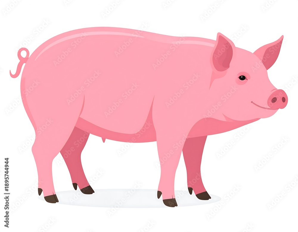 Fototapeta premium Pink, healthy pig standing on all fours, side view, detailed illustration