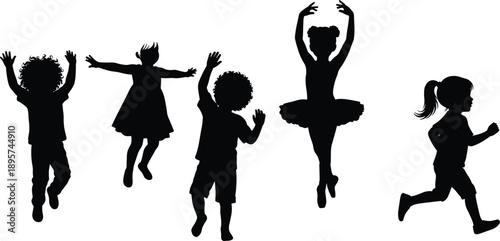 Happy kids silhouettes jumping and dancing together, playful children movement poses, active childhood concept, black figures isolated on white background