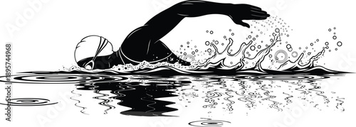 Freestyle swimming athlete vector illustration, competitive swimmer training in water, dynamic splash motion, sport fitness concept, black and white design