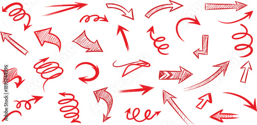 A collection of red hand-drawn arrow icons and graphics on a white background, representing direction and movement