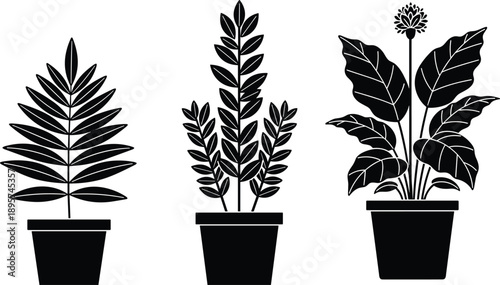 Potted houseplant silhouette collection with decorative leaves, indoor plant vector illustration set, minimal botanical home decor elements in black
