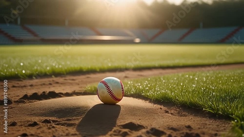 Baseball in the sunlit field: dew-kissed grass and a solitary ball on the pitcher's mound