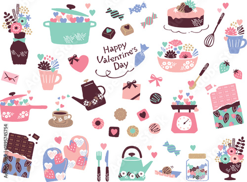 A charming collection of pastel-colored illustrations featuring Valentine's Day baking and cooking elements, including cakes, chocolates, flowers, kitchenware, and hearts.