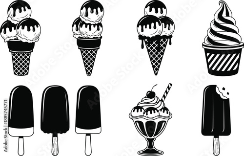 Set of delicious ice cream icons in black and white style featuring cones, popsicles, sundae, and soft serve isolated on white background, vector