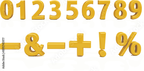 Golden 3D numbers and symbols arranged closely on a plain surface from a top view perspective