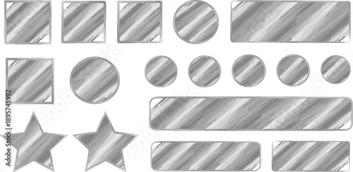 Collection of various gray shaded shapes including stars, circles, and rectangles displayed on a plain background viewed from a straightforward angle