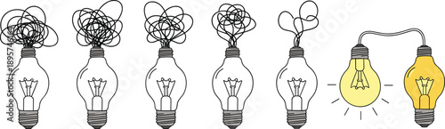 A row of light bulbs with one illuminated idea shining brightly standing out from the rest