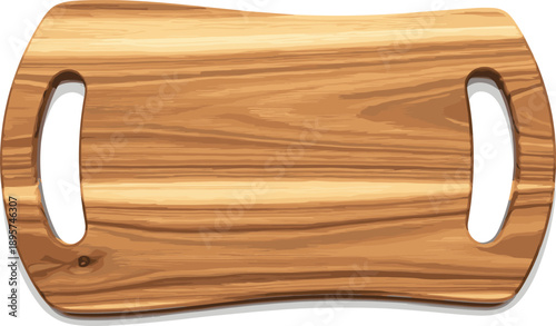 A wooden cutting board with handles, viewed from above, showcasing its grain pattern, texture, and natural beauty in a clean setting