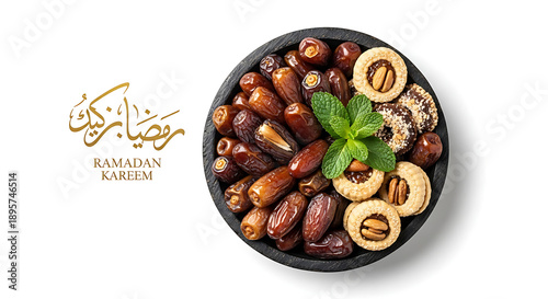 A bowl of dates and other dried fruits with mint garnish for Ramadan Kareem