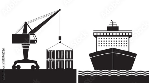 Vector illustration of a cargo port scene with a crane loading containers onto a large ship, symbolizing global logistics, international trade, and maritime shipping