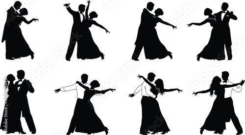 Set of elegant ballroom dancing couple silhouettes, vector illustration of men and women performing waltz, tango, and formal wedding dance on white background.