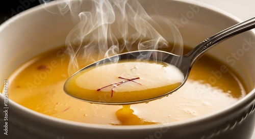 Steaming Hot Saffron Soup or Custard Spoonful Gourmet Healthy Warm Comfort Food Closeup