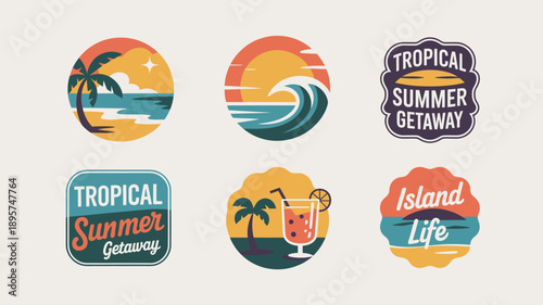 Tropical summer vacation badges featuring island life, palm trees, ocean waves, sunsets, and a refreshing cocktail
