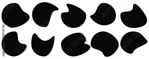Black abstract blobs collection, organic shapes with unique outlines, design element.  Collection of various black abstract shapes on white background seamless pattern. Vector illustration.