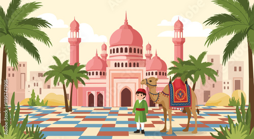 Boy And Camel In Front Of Pink Palace In Desert City