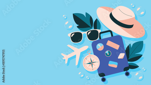 Vacation travel planning accessories, summer journey luggage, airplane adventure destination illustration
