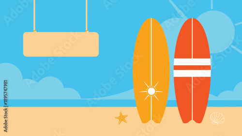 Surfboards on sandy beach, seashell, starfish, blank hanging sign, tropical summer vacation scene