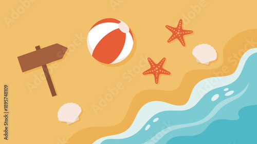 Top down view beach scene with ocean waves sand seashells starfish and ball
