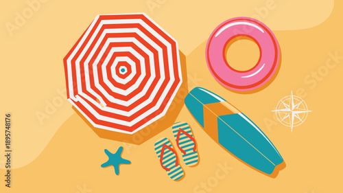 Top down view summer beach vacation items including striped umbrella, inflatable ring, surfboard, flipflops, starfish