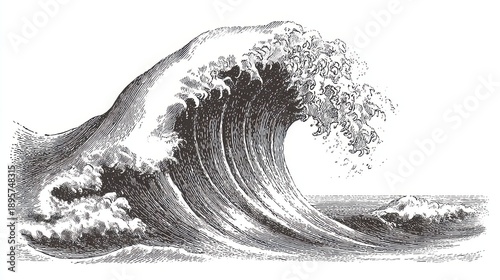 Monochrome Illustration of a Large Ocean Wave Crashing Near Shore with White Background and Small Distant Boat on the Horizon Artistic Rendering Style