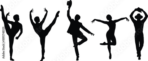 Set of graceful silhouettes featuring professional ballet and jazz dancers performing elegant stage poses, artistic theater performers, classical dance vector illustration, isolated on white,