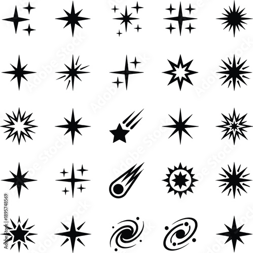 Celestial icon set with 25 black line symbols for stars, comets, galaxies, and space-themed design content.