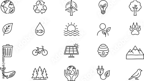 Eco and sustainability icon set with 20 black line symbols for nature, conservation, and renewable energy design content