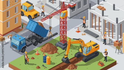 Construction site with excavator and crane in action on building plot