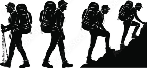 Set of hiker silhouettes with backpacks trekking in mountains, man climbing rocky slopes with walking sticks, outdoor adventure icons, vector nature travel.