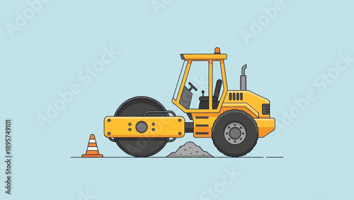 A yellow road roller compacts gravel near a traffic cone on a construction site viewed from the side.