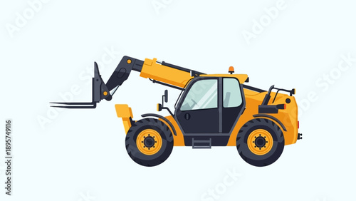 Telehandler operating in industrial setting, heavy machinery in action, construction site view