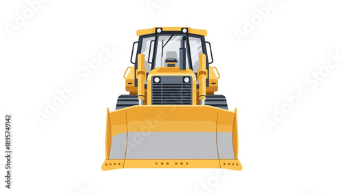 Front view of a heavy yellow bulldozer with a large blade and clear windshield in an industrial setting