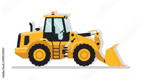A yellow front-end loader is viewed from the side on a white background in an industrial setting.
