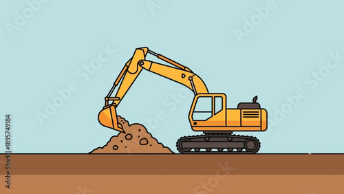 A yellow excavator digs into a pile of dirt on a construction site viewed from the side