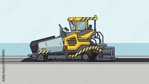 Asphalt Paver Machine Operating on Road Construction Site Illustration from Side View