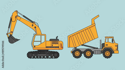 Heavy machinery illustration featuring excavator and dump truck on construction site viewed from side