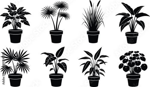 Set of indoor house plants in pots black silhouettes vector illustration, decorative home greenery icons, tropical potted foliage isolated on white background graphic.