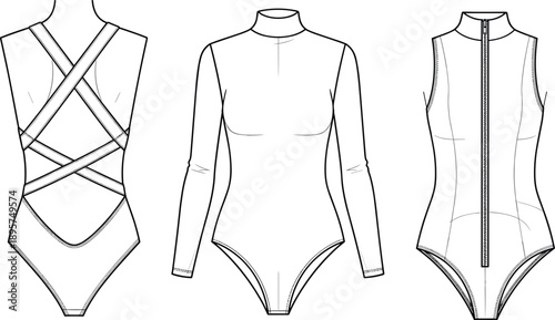 Technical fashion sketches featuring women's bodysuit templates with long sleeves, turtleneck, zipper front, and crisscross back strap details for apparel design and manufacturing.