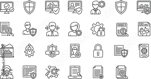 Grid of 30 black line icons themed around cybersecurity, data protection, and digital privacy for UI and education