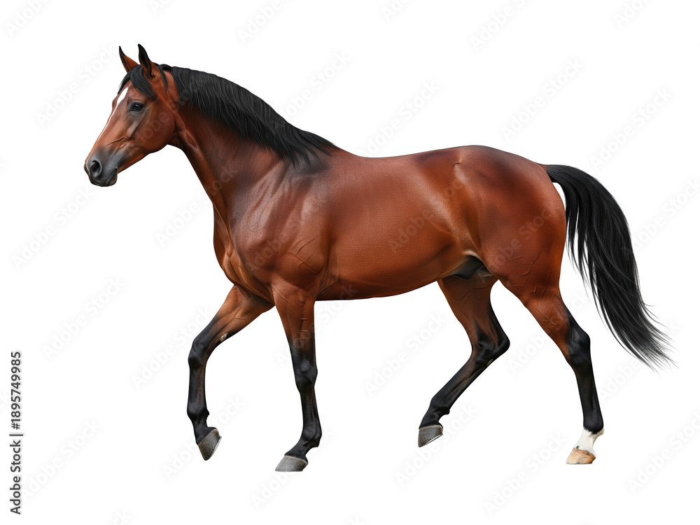 Fototapeta premium Brown Horse Walking Side View Isolated on Transparent Background