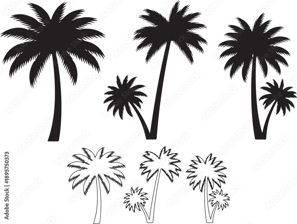 Fototapeta premium Palm tree silhouette collection. Tropical palm trees in black silhouette style for summer, beach, island and nature design projects..eps